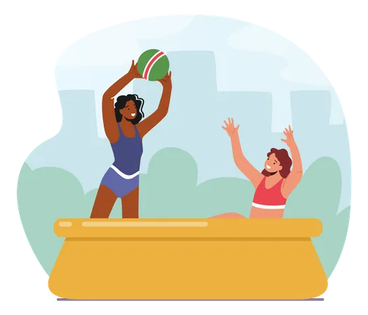 Madre e hija jugando a la pelota en la piscina al aire libre  Ilustración