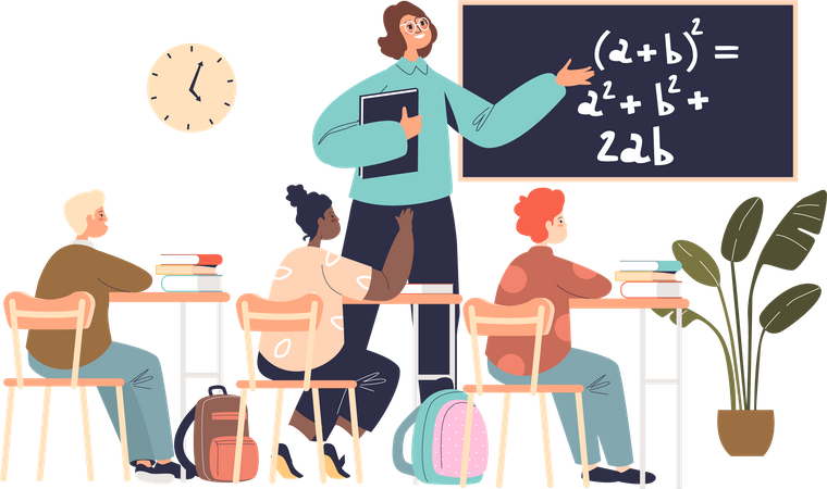 Profesor de escuela enseñando matemáticas en el aula  Ilustración