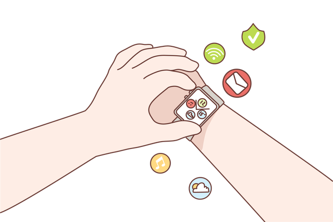 Mains humaines utilisant des montres intelligentes numériques dotées de multiples fonctions au poignet  Illustration