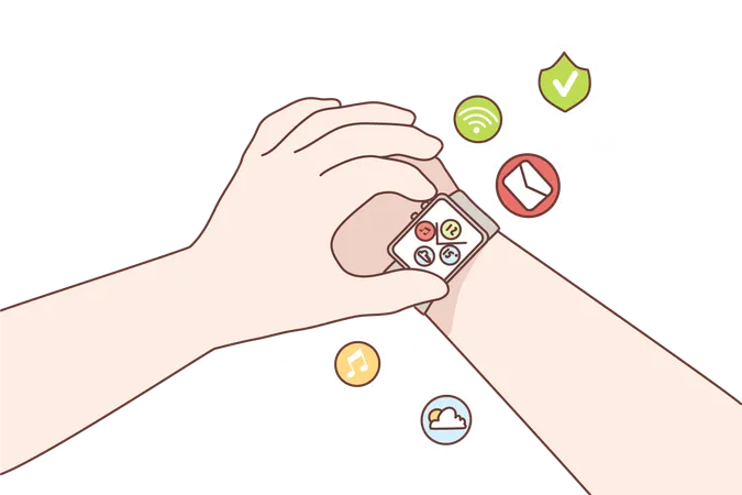 Mains humaines utilisant des montres intelligentes numériques dotées de multiples fonctions au poignet  Illustration