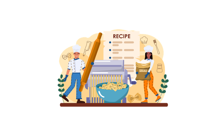 Male and Female Cook cooking Italian food from recipe  Ilustración