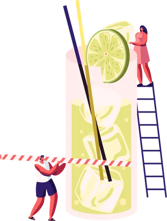 Male and Female Drinking Lime juice at Summer Time  イラスト