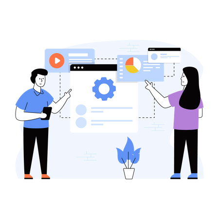 Male and female employee managing workflow  일러스트레이션