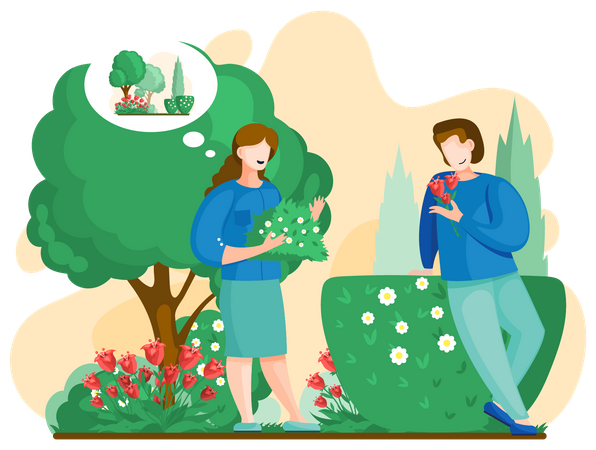 Male and female gardener planting flowers  Illustration