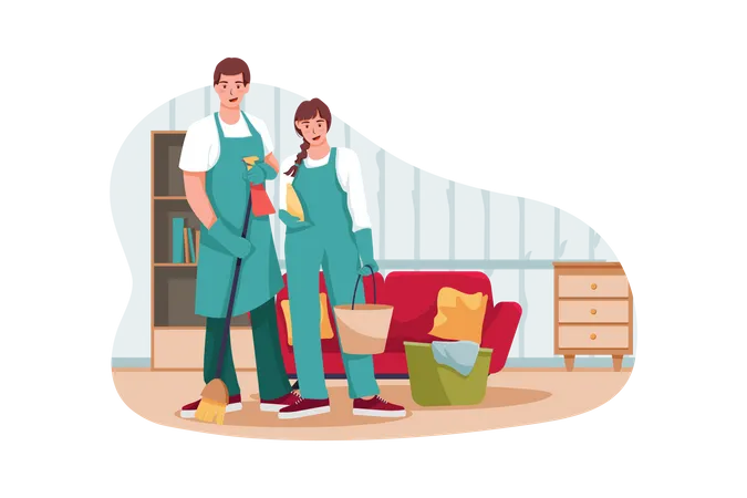 Male and female servant cleaning room  Illustration