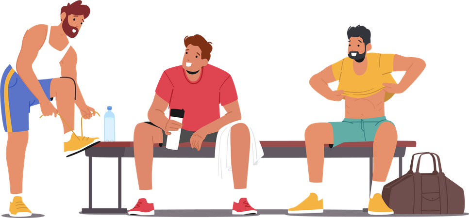 Male athlete drink water in locker room  Illustration