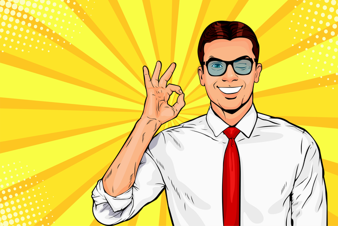 Male businessman in glasses winks and shows okay or OK gesture. Pop art retro vector illustration. Success concept. Invitation poster.  Illustration