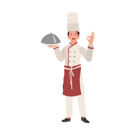 Male Chef and cloche and showing Ok Hand Sign  イラスト