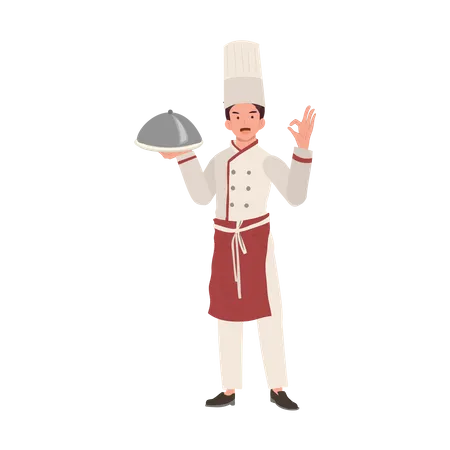 Male Chef and cloche and showing Ok Hand Sign  イラスト