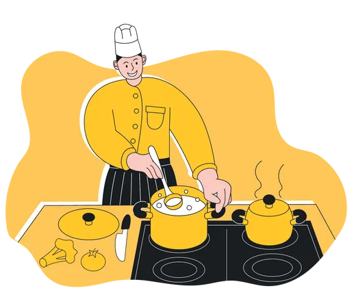 Male chef cooking food in kitchen  イラスト