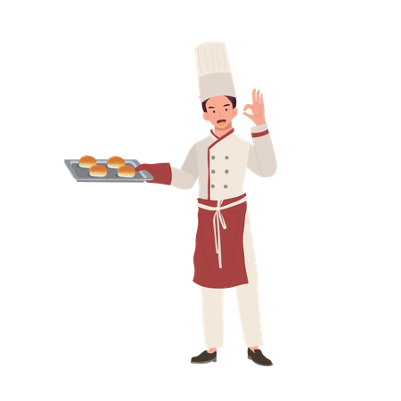 Male Chef Giving Ok Hand Sign and holding plate  イラスト