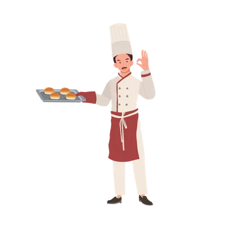 Male Chef Giving Ok Hand Sign and holding plate  イラスト