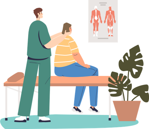 Male chiropractor make rehabilitation massage of neck to female patient  Illustration