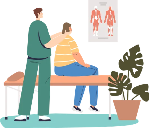 Male chiropractor make rehabilitation massage of neck to female patient  Illustration