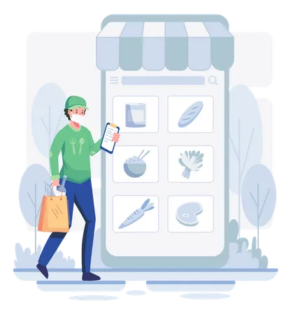 Male delivery executive delivering food ordered online  Illustration