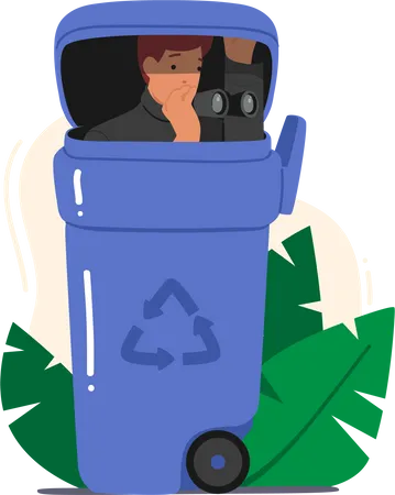 Male detective spying while hiding in dumpster  Illustration