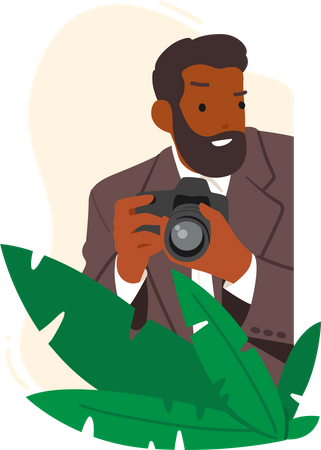 Male detective spying with photo camera  Illustration