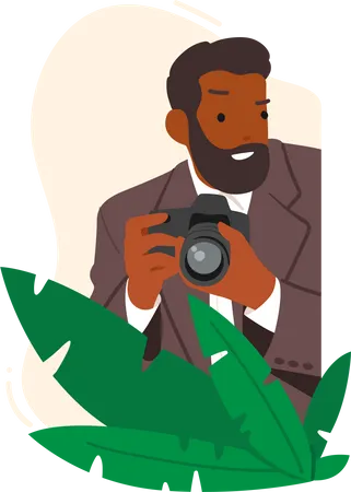 Male detective spying with photo camera  Illustration