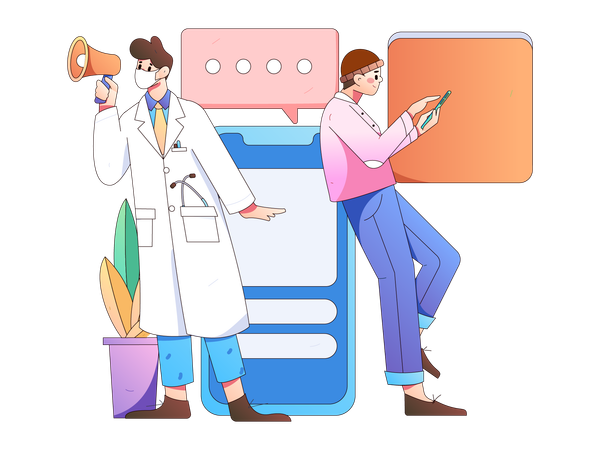 Male doctor doing online medical announcement  イラスト