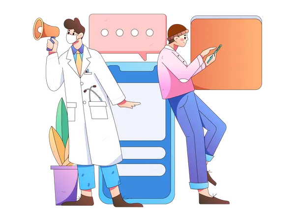 Male doctor doing online medical announcement  イラスト