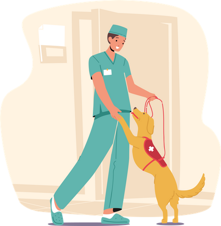 Male Doctor Playfully Engages With Guide Dog  Illustration