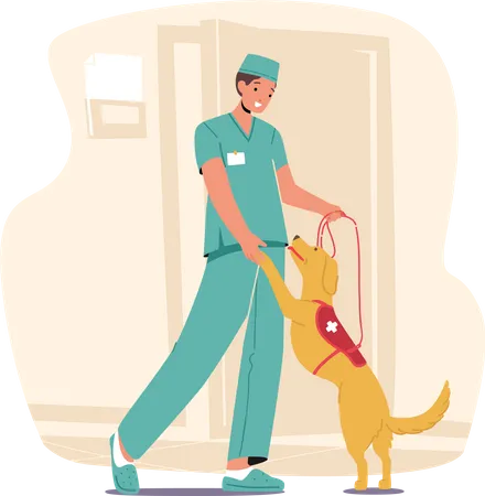 Male Doctor Playfully Engages With Guide Dog  Illustration