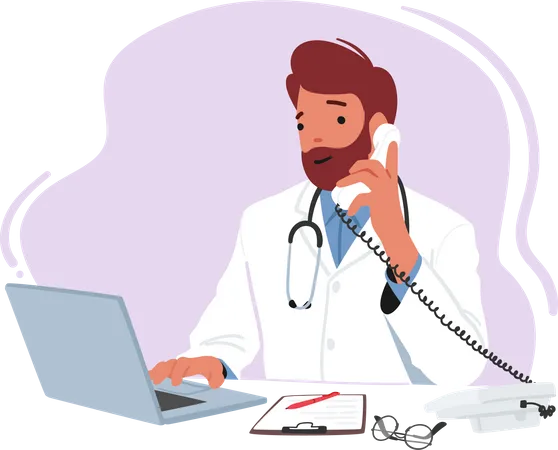 Male doctor sitting at desk with laptop  Illustration