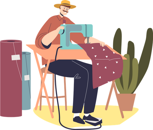 Male dressmaker work on sewing machine  Illustration