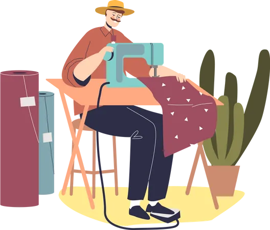 Male dressmaker work on sewing machine  Illustration