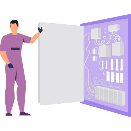 Male electrician standing by fuse box  Illustration