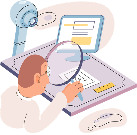 Male engineer examines machine scheme with loupe  Illustration