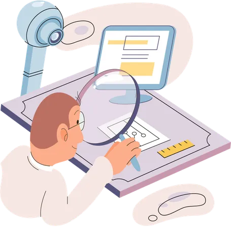 Male engineer examines machine scheme with loupe  Illustration