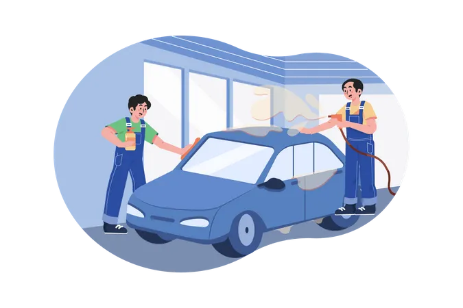 Male Garage worker cleaning car  Illustration