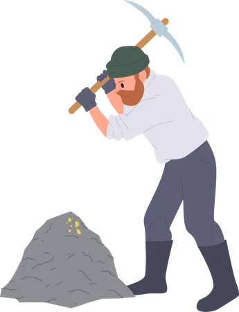 Male gold digger working with pickaxe mining precious material  イラスト