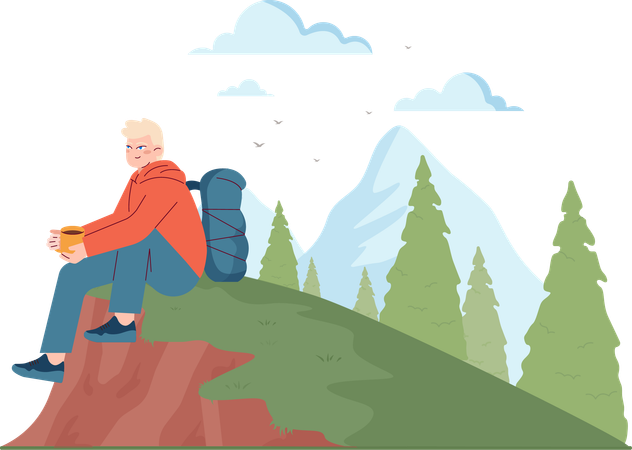 Male hiker sitting at top of montain  Illustration