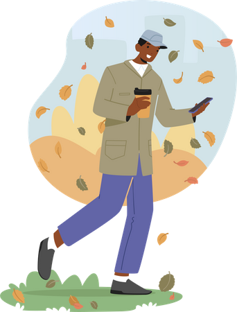 Male Holding Coffee Cup and Smartphone Walk under Falling Leaves at Autumn Day  Illustration