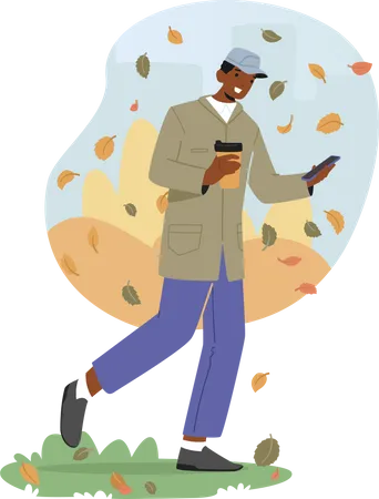 Male Holding Coffee Cup and Smartphone Walk under Falling Leaves at Autumn Day  Illustration