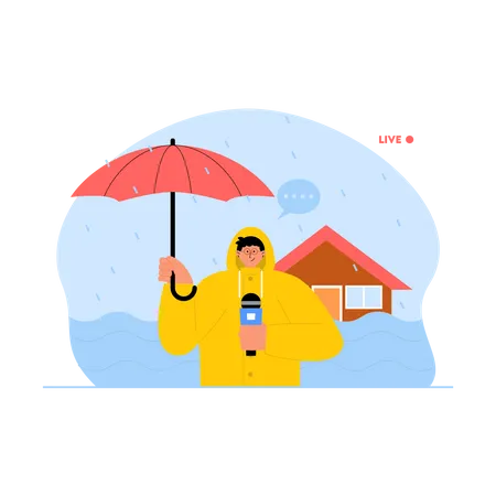 Male journalist giving rainy and flood live news  Illustration