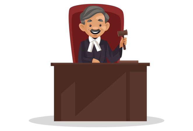 Male Judge sitting in courtroom holding hammer in hand  イラスト