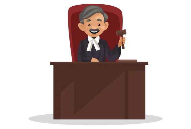 Male Judge sitting in courtroom holding hammer in hand  イラスト