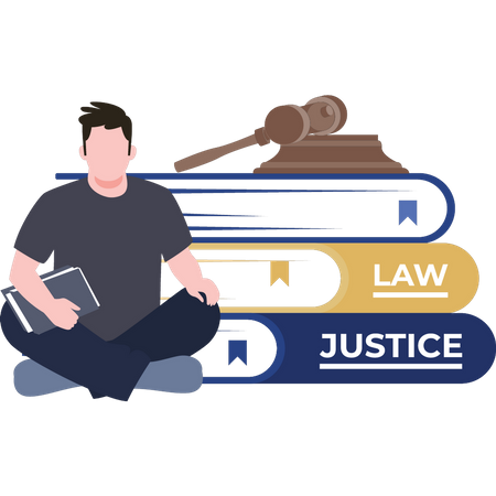 Male lawyer is sitting next to the law books  Illustration