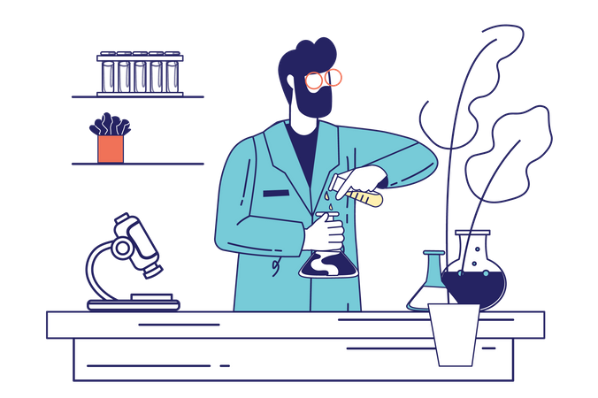 Male researcher pours liquid from tube into flask  Illustration