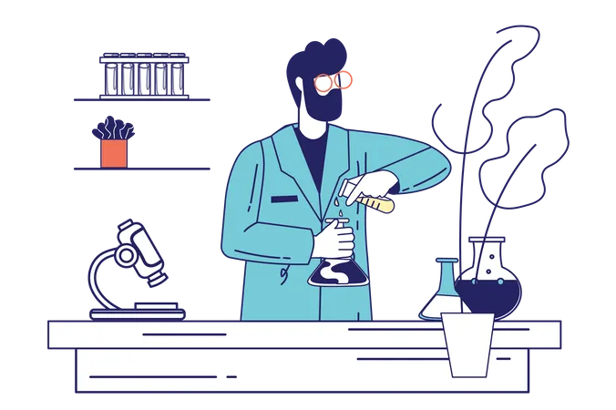 Male researcher pours liquid from tube into flask  Illustration