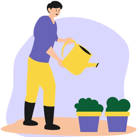 Male Watering Plants  Illustration