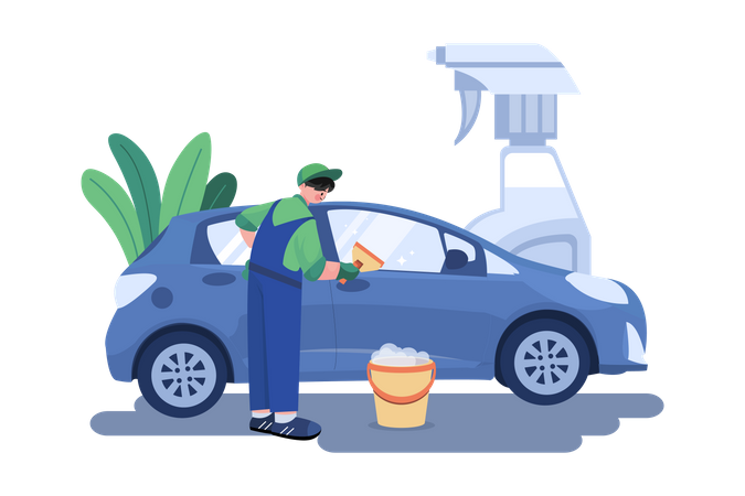 Male worker cleaning car  Illustration