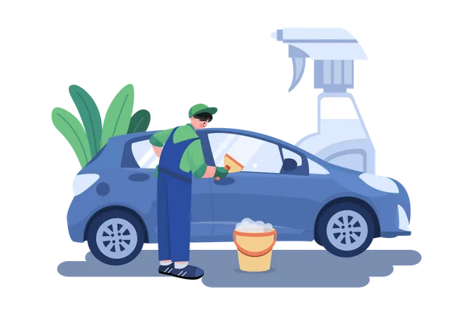 Male worker cleaning car  Illustration