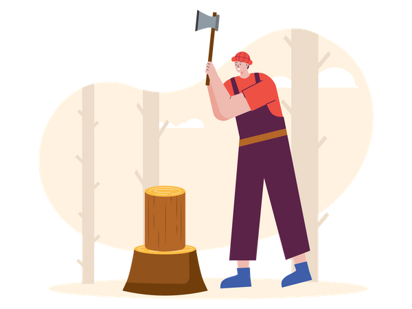 Male worker cutting wood with axe  Illustration