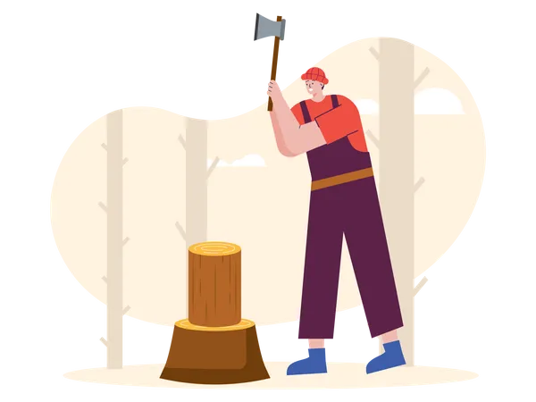 Male worker cutting wood with axe  Illustration