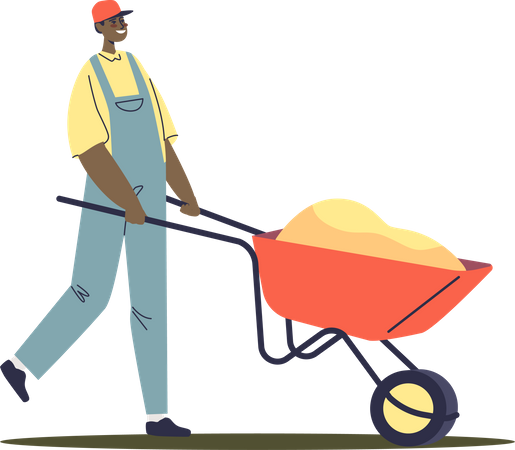 Male worker pushing wheelbarrow  Illustration