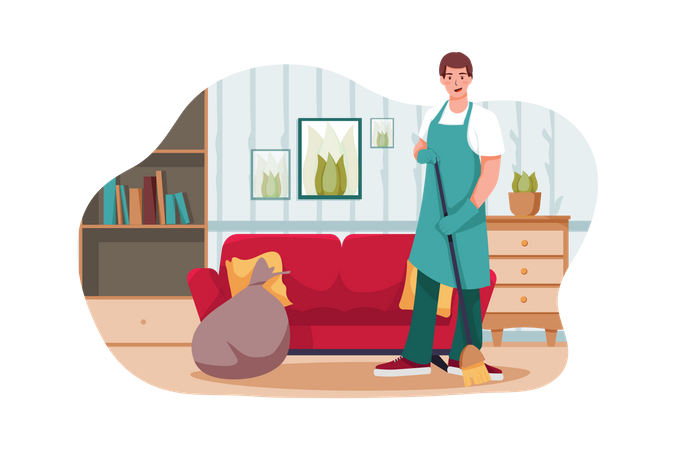 Male worker sweeping the floor  Illustration